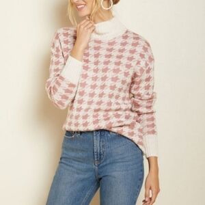 RW&CO. Pink and Cream Houndstooth Turtleneck Sweater Knit Old Money Vibes Small